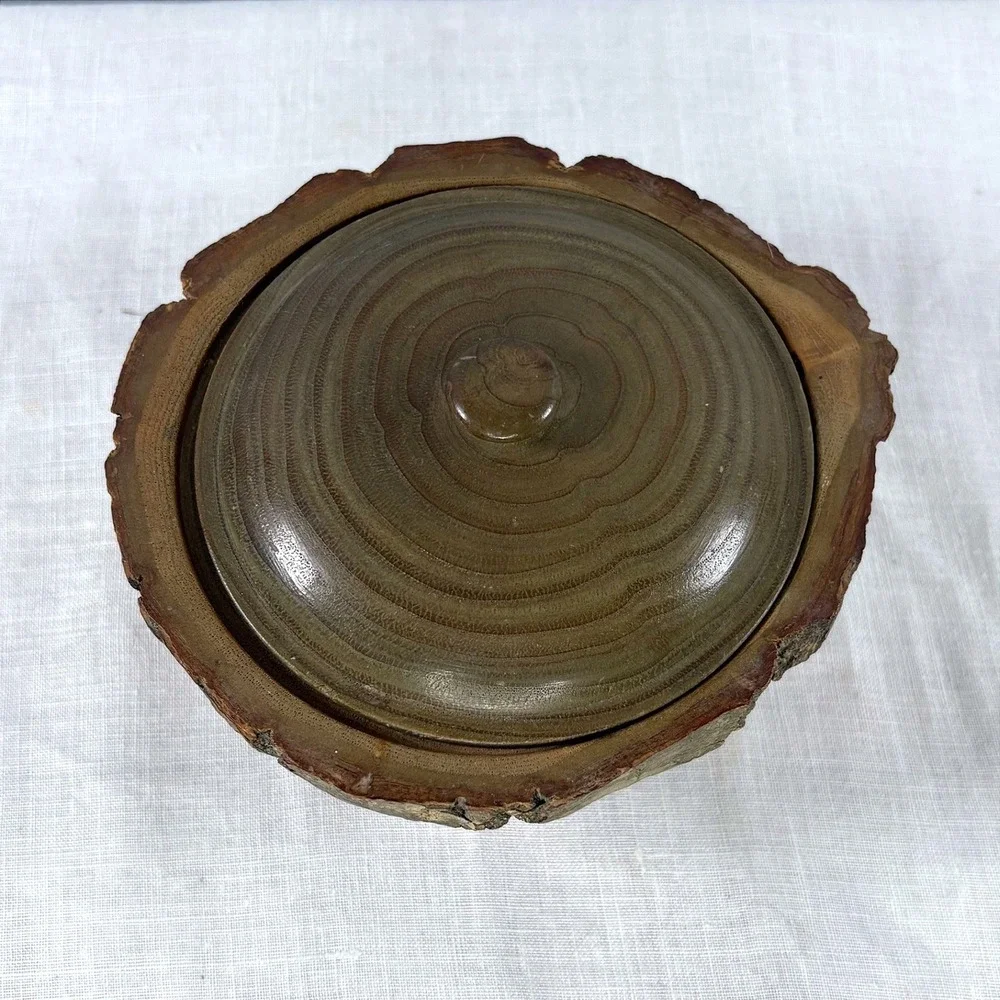 Handmade Live Edge Wood Lidded Bowl Rustic Bark Trim Trinket Dish Brown Natural